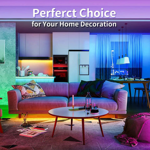 Music Sync LED Light Strips 100ft Dual 50ft Rolls illuminate modern living room with vibrant colors.