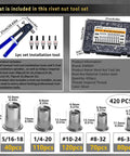 Rivet Nut Tool Kit With 420 Imperial Rivet Nuts In Sizes 6-32 8-32 10-24 1/4-20 And 5/16-18, includes nuts and manual tool.