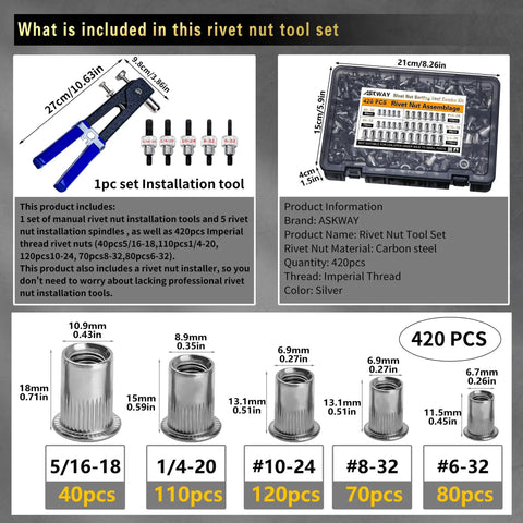 Rivet Nut Tool Kit With 420 Imperial Rivet Nuts In Sizes 6-32 8-32 10-24 1/4-20 And 5/16-18, includes nuts and manual tool.