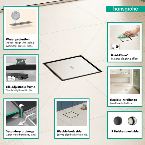Square Tileable Shower Drain Set With Brushed Stainless Steel Construction And Flush Floor Mount Design For Modern Bathrooms, shown in bathroom with adjustable frame.