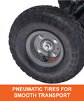 Close-up of 10-inch tires on 85 Pound Push Deluxe Broadcast Spreader For Seed And Fertilizer Walk Behind With Easy Cable Control Pro Grade Heavy Duty