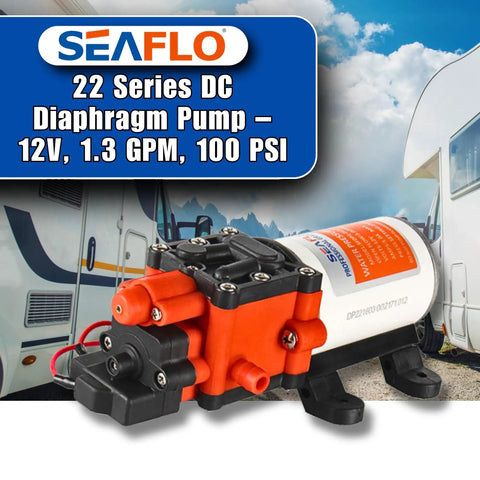 22 Series 12V On Demand Water Pump With 1.3 GPM Flow And 100 PSI Shutoff Diaphragm Pump for marine and RV use with EPDM components