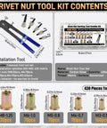 Heavy Duty 430Pc Metric Rivet Nut Tool Kit With Carbon Steel Assortment Set M3 M4 M5 M6 M8 Ideal For Furniture Marine Auto And Industrial DIY Projects; kit contents and sizes