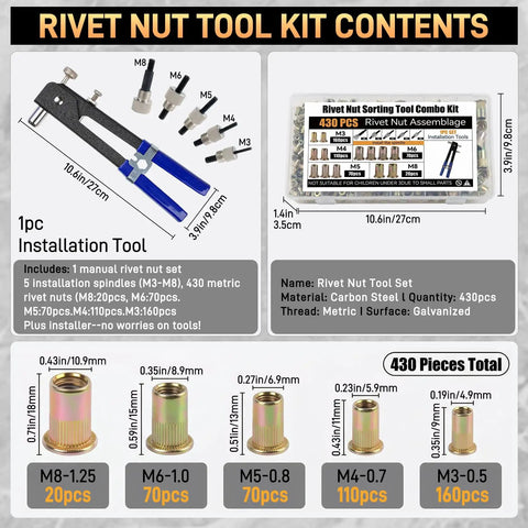 Heavy Duty 430Pc Metric Rivet Nut Tool Kit With Carbon Steel Assortment Set M3 M4 M5 M6 M8 Ideal For Furniture Marine Auto And Industrial DIY Projects; kit contents and sizes