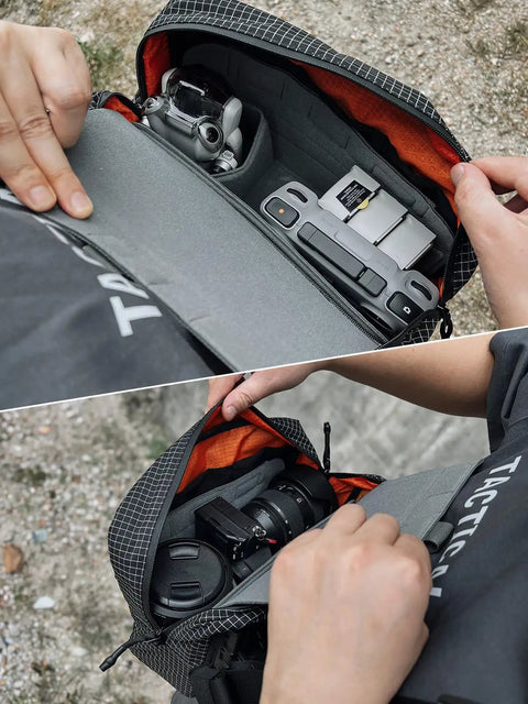 Backpack Camera Gear Organizer Insert With Flexible Modular Panels And Magnetic Flap holding drone and camera inside backpack.