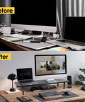 Before and after image of desk with Dual Monitor Stand Riser For Desk With Adjustable Length 32 To 40 Inches Space Saving Desk Shelf Organizer For Two Screen Setup Large Monitor Riser Stand For Computer Laptop PC Printer TV Black, showing cluttered desk transformed into organized workspace.