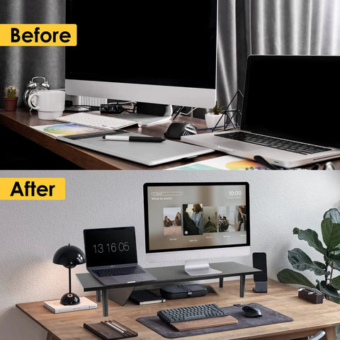 Before and after image of desk with Dual Monitor Stand Riser For Desk With Adjustable Length 32 To 40 Inches Space Saving Desk Shelf Organizer For Two Screen Setup Large Monitor Riser Stand For Computer Laptop PC Printer TV Black, showing cluttered desk transformed into organized workspace.