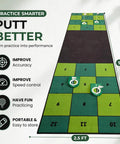 Indoor Putting Green Mat With Four Cups And Target Zones For Home Practice, 9ft By 2.5ft Portable Golf Training Aid, green and black