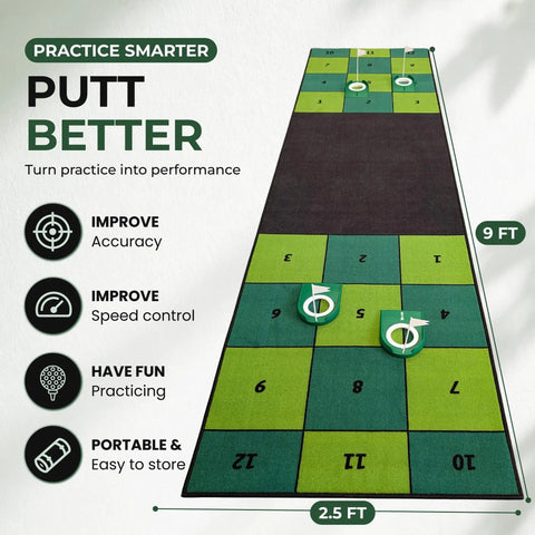 Indoor Putting Green Mat With Four Cups And Target Zones For Home Practice, 9ft By 2.5ft Portable Golf Training Aid, green and black