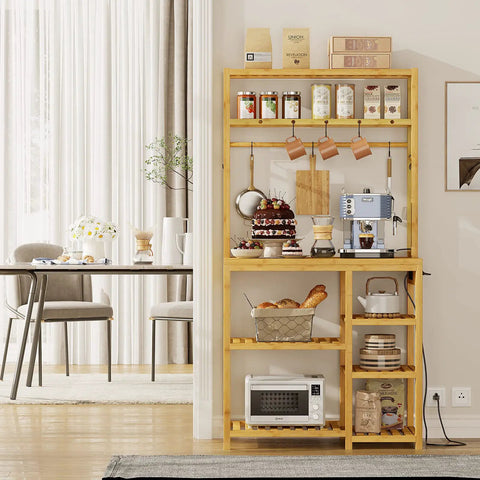 Bakers Rack With Power Outlets And Eight Tier Microwave Stand Bamboo Kitchen Storage Shelf With Ten S Shaped Hooks Coffee Bar Table