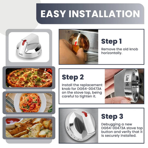 Guide for installing Upgraded DG64-00473A Burner Stove Knob Set on Samsung gas range, showing easy installation steps.