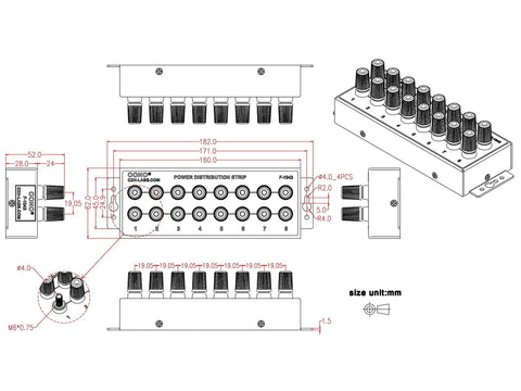 Technical drawing of Eight Outlet DC Power Distribution Strip with beefy high current terminals, dimensions and specifications.