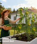 Woman tending cucumbers on U Shape Cucumber Trellis For Raised Beds Garden Arch Metal Plant Support, outdoor setting