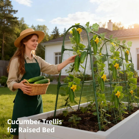 Woman tending cucumbers on U Shape Cucumber Trellis For Raised Beds Garden Arch Metal Plant Support, outdoor setting