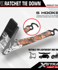 Tough As Nails Camo Ratchet Tie Down Straps Eight Pack One Inch By Ten Feet Three Hundred Pound Working Load Limit Nine Hundred Pound Break Strength close-up of ratchet mechanism and S hook