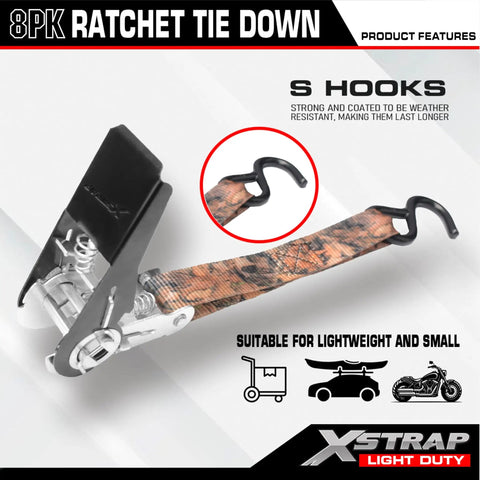 Tough As Nails Camo Ratchet Tie Down Straps Eight Pack One Inch By Ten Feet Three Hundred Pound Working Load Limit Nine Hundred Pound Break Strength close-up of ratchet mechanism and S hook