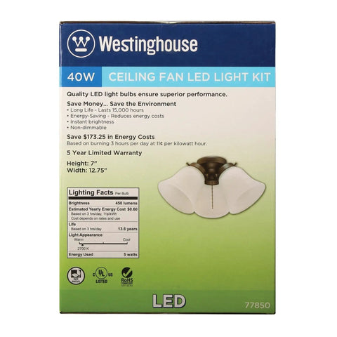 Packaging of Three Light LED Ceiling Fan Light Kit in Oil Rubbed Bronze with Frosted Ribbed Glass Shades