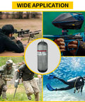 9 Liter Carbon Fiber Scuba Tank With Regulator And Carrier Bag Ready For Deep Dives And Snorkeling, 4500 Psi High Pressure 300 Bar PCP Air Tank For Serious Ocean Adventures shown in diving and shooting activities.