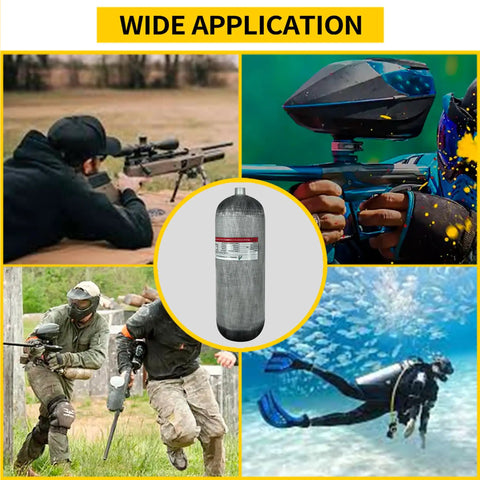 9 Liter Carbon Fiber Scuba Tank With Regulator And Carrier Bag Ready For Deep Dives And Snorkeling, 4500 Psi High Pressure 300 Bar PCP Air Tank For Serious Ocean Adventures shown in diving and shooting activities.
