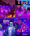 3 Pack 42W LED Black Light Bar Flood Lights With Plug And Switch About Six Foot Power Cord Each Light Covers 24x24ft Coverage For Glow Party Vibes In Bedrooms Game Rooms Body Paint And Stage Lighting illuminating a house and garden in vibrant UV colors.