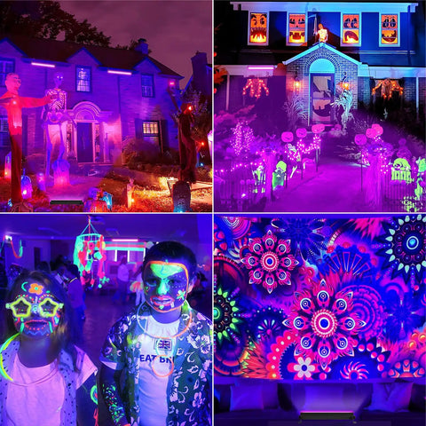 3 Pack 42W LED Black Light Bar Flood Lights With Plug And Switch About Six Foot Power Cord Each Light Covers 24x24ft Coverage For Glow Party Vibes In Bedrooms Game Rooms Body Paint And Stage Lighting illuminating a house and garden in vibrant UV colors.