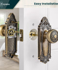 Antique Brass Privacy Door Knob With Lock No Keys Needed Keyless Interior Door Handle with ornate floral plate for easy installation