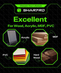 SHARPRO banner for 1/8-inch ball nose CNC router bits; highlights use on wood, acrylic, MDF and PVC.