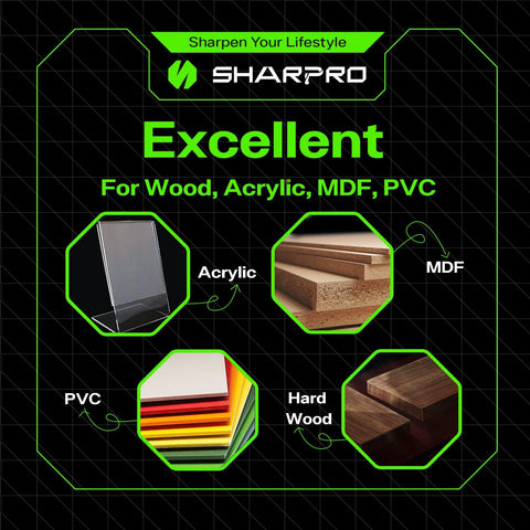 SHARPRO banner for 1/8-inch ball nose CNC router bits; highlights use on wood, acrylic, MDF and PVC.