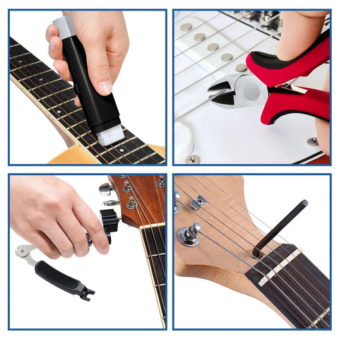 Guitar Tool Kit For Setup And Repair Pro Luthier Maintenance Pack with tools in use on guitar including fret leveler and wrenches