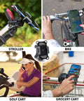 Universal Phone Mount For Strollers Bicycles Golf Carts Shopping Carts And More shown in stroller, bike, golf cart, grocery cart.