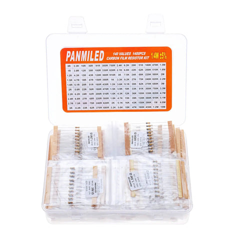 Open box display of Resistor Assortment Kit With 1400 Carbon Film Resistors, 140 Values (10 Each), 0 Ohm To 10 Meg Ohm