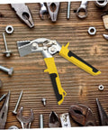 Heavy Duty Hand Seamer Tool For Metal Plate Folding And Seam Bending Ergonomic Over Molded Non Slip Handle Pro Grade All Steel Construction For Ductwork And Metal Fabrication Easy To Flatten And Shape Metal Projects on a wooden workbench with scattered tools