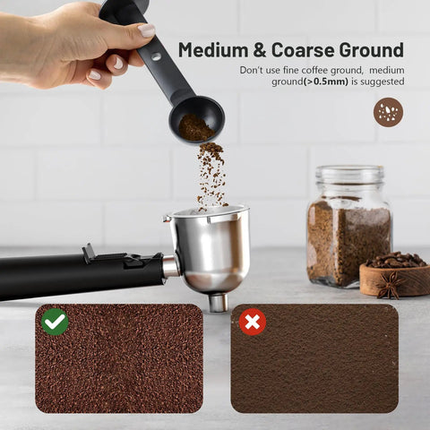 Medium and coarse coffee grounds being added to a stainless steel portafilter for Compact 3.5 Bar Espresso Machine With Integrated Milk Frother And 800W Preheat Function, 4 Cup Home Coffee Maker For Straight Fire Lattes And Cappuccinos, Quick Setup For Smooth Daily Vibes.