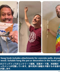 Three men demonstrating installation and use of Heavy Duty Ceiling Swag Hooks Set, White 4 Pack For Plants And Lights.