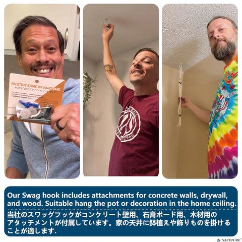 Three men demonstrating installation and use of Heavy Duty Ceiling Swag Hooks Set, White 4 Pack For Plants And Lights.