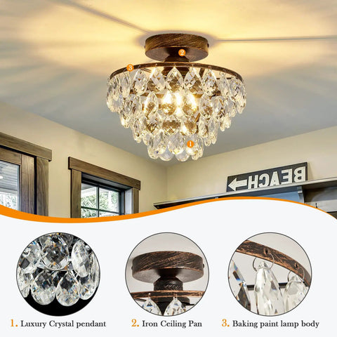 Crystal Chandelier Semi Flush Mount Ceiling Light in Oil Rubbed Bronze with glass crystals in a rustic room setting