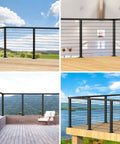 Heavy Duty 36 Inch Stainless Steel Cable Railing Corner Post Featuring 90 Degree L Drilled Holes For Clean Lines And Easy As Pie Assembly Matte Black Finish used on outdoor deck with views.