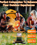 Portable Propane Heater For Camping And Outdoors With Cordless Control Valve in use at campsite with people around
