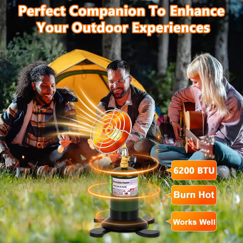 Portable Propane Heater For Camping And Outdoors With Cordless Control Valve in use at campsite with people around