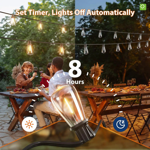 People dining outdoors under 54Ft Solar String Lights Outdoor Weatherproof With USB Charging Remote Dimmable Timable LED Shatterproof Bulbs