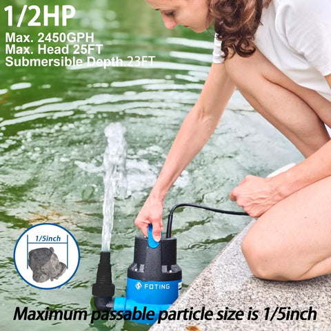 Person using One Half Horsepower Submersible Water Pump With Stainless Steel Base 2450 GPH Portable Sump Pump near pond