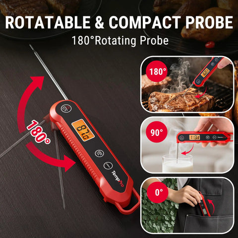 1 Second Instant Read Digital Meat Thermometer With Plus Or Minus 0.9 Fahrenheit Accuracy Waterproof Backlit Kitchen Probe showing 180-degree rotation angle