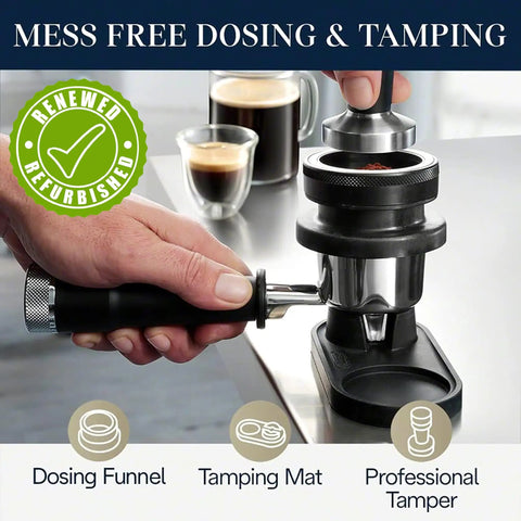 La Specialista Arte Espresso Machine Conical Burr Grinder Eight Grind Settings Smart Manual Tamping with dosing funnel and tamper.