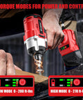 One Half Inch Cordless Impact Wrench Compatible With Milwaukee Eighteen Volt Packs Delivers Three Hundred Foot Pounds Brushless Torque And A Sharp LED Lamp shows two torque modes on wooden surface.