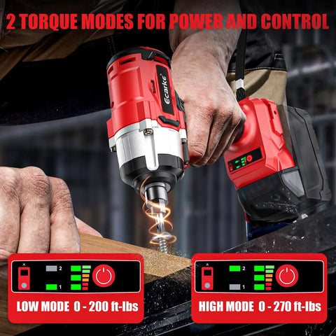 One Half Inch Cordless Impact Wrench Compatible With Milwaukee Eighteen Volt Packs Delivers Three Hundred Foot Pounds Brushless Torque And A Sharp LED Lamp shows two torque modes on wooden surface.