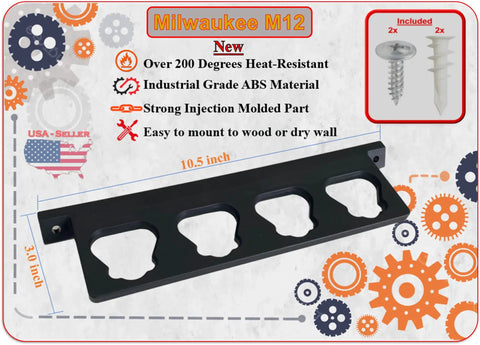 12V M12 Battery Holder Wall Mount, black ABS, size 10.5x3, for wood or drywall, includes screws and anchors, compact design.