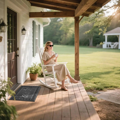 Woman sitting on porch near Tough As Nails Heavy Duty Welcome Mat For Home Entrance Indoor Outdoor Front Porch Door Mat 29.5x17 Waterproof