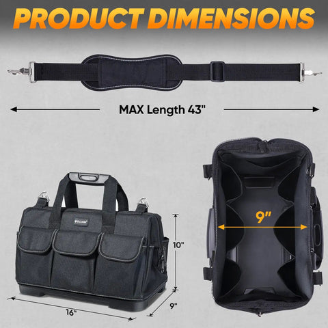 Heavy Duty Tool Bag Packed With Multiple Pockets And Portable Organizer For Tools, Adjustable Shoulder Strap, Ergonomic Handle, Black 16 Inch Molded Base, Grab And Go For Any Job Site, showing dimensions and strap.