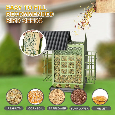 Heavy Duty Outdoor Bird Feeder With Double Suet Cage Hanging Metal Construction Weatherproof Finish Large Capacity Easy Clean And Refill Built To Attract Wild Birds And Withstand The Elements, filled with recommended seeds.