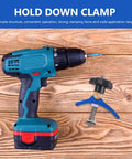 Pro Grade Woodworking T Slot Clamp With Hold Down Function Blue T Track Clip For Carpenter Workholding Tools displayed with a drill